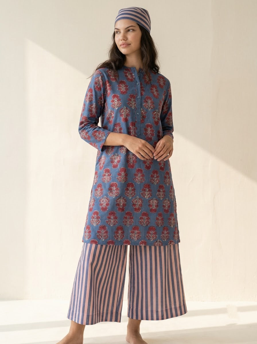 Blue Hand Block Printed & Striped Co-ord Set