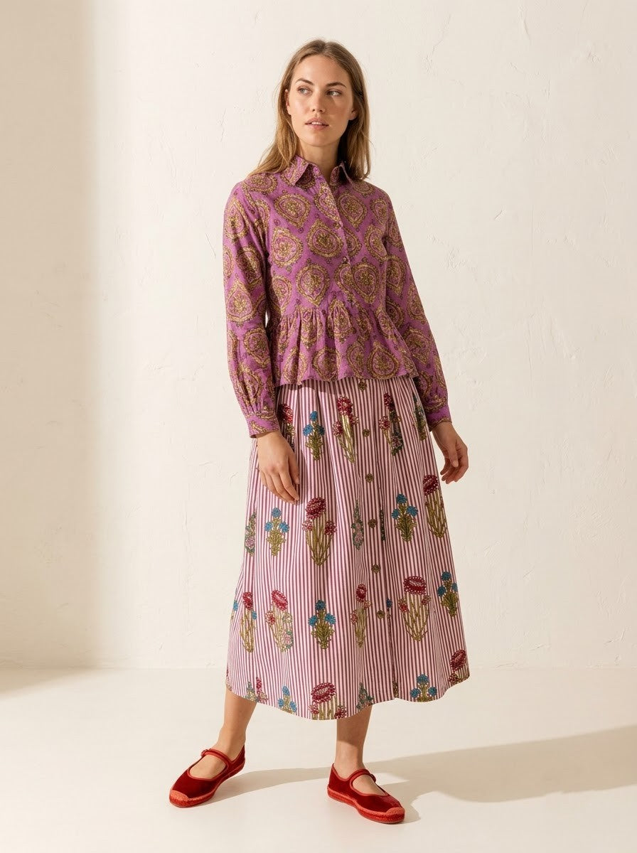 Purple Block Printed Shirt & Floral Striped Skirt Set