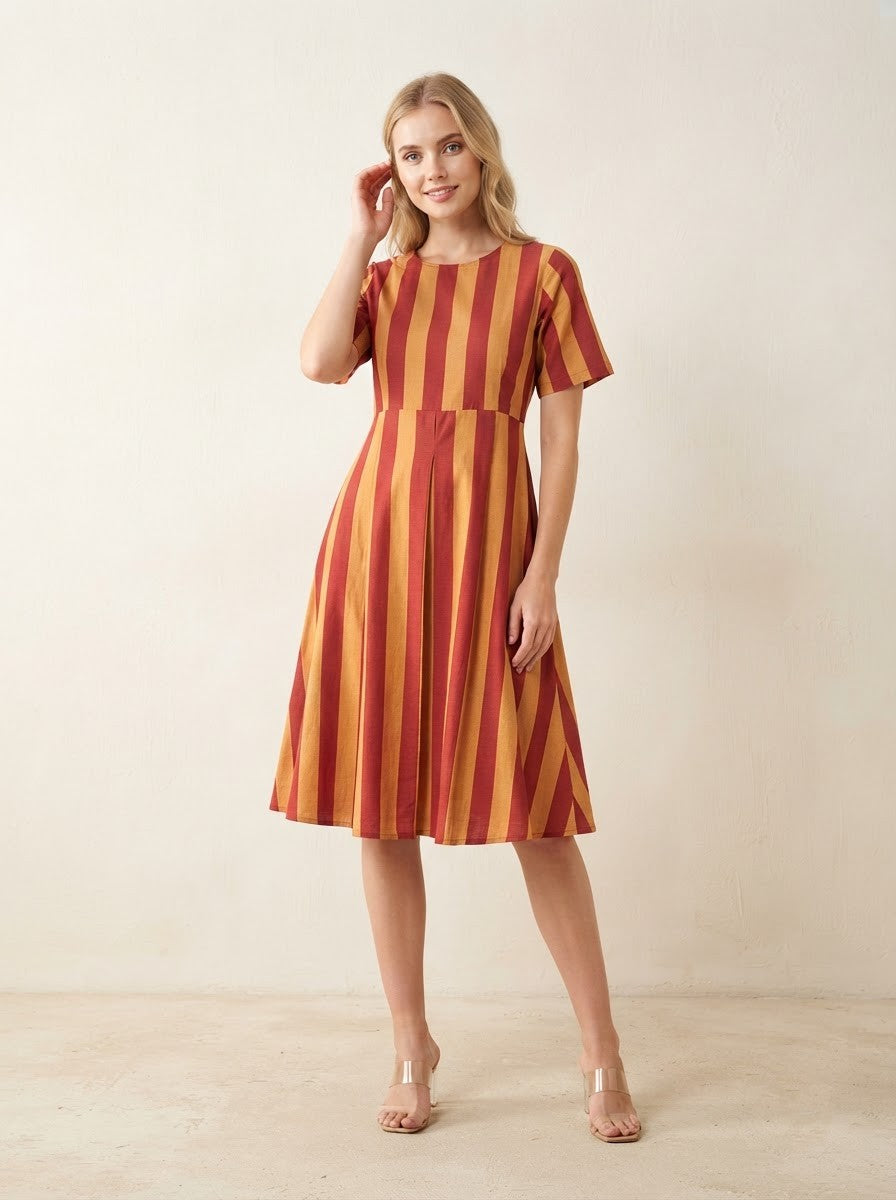 Maroon & Mustard Striped Premium Cotton Fit & Flare Dress