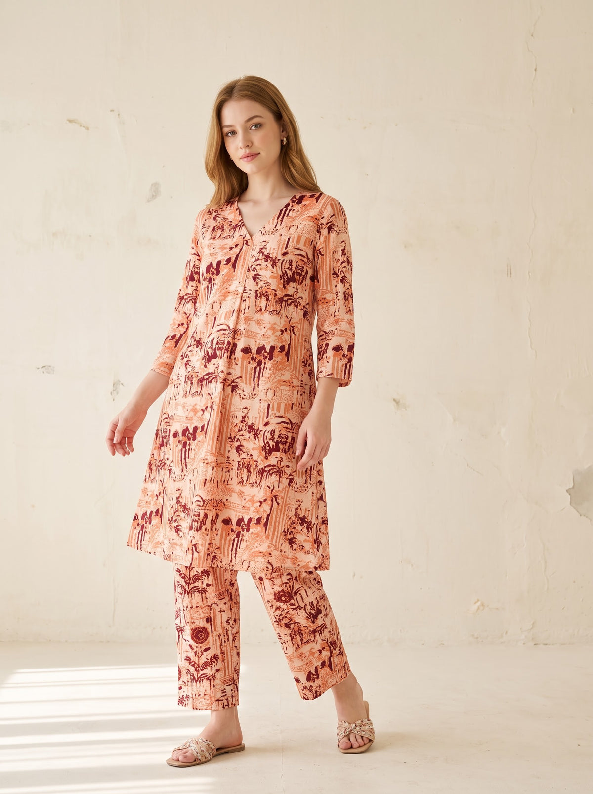 Peach Abstract Floral Printed Co-Ord Set