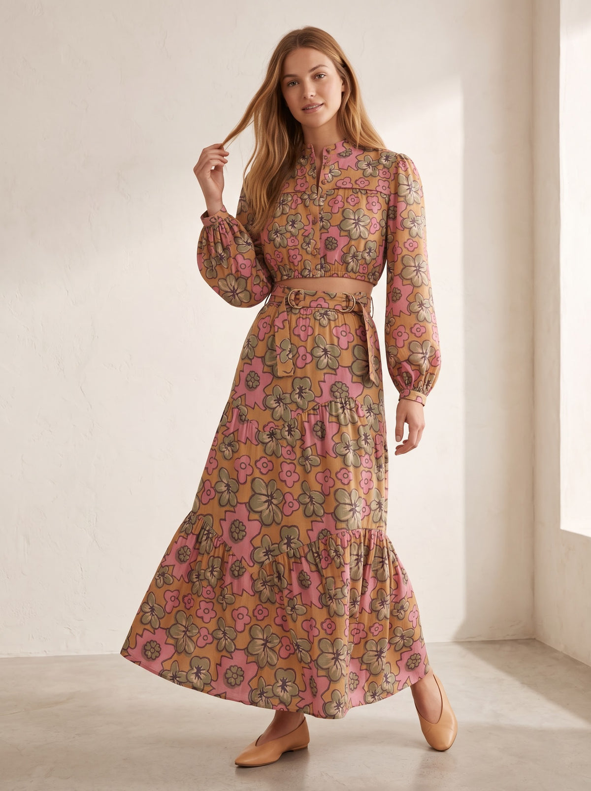 Beige & Pink Floral Printed Top & Skirt Set