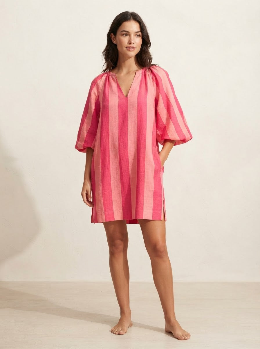 Vibrant Pink Striped Premium Cotton Dress