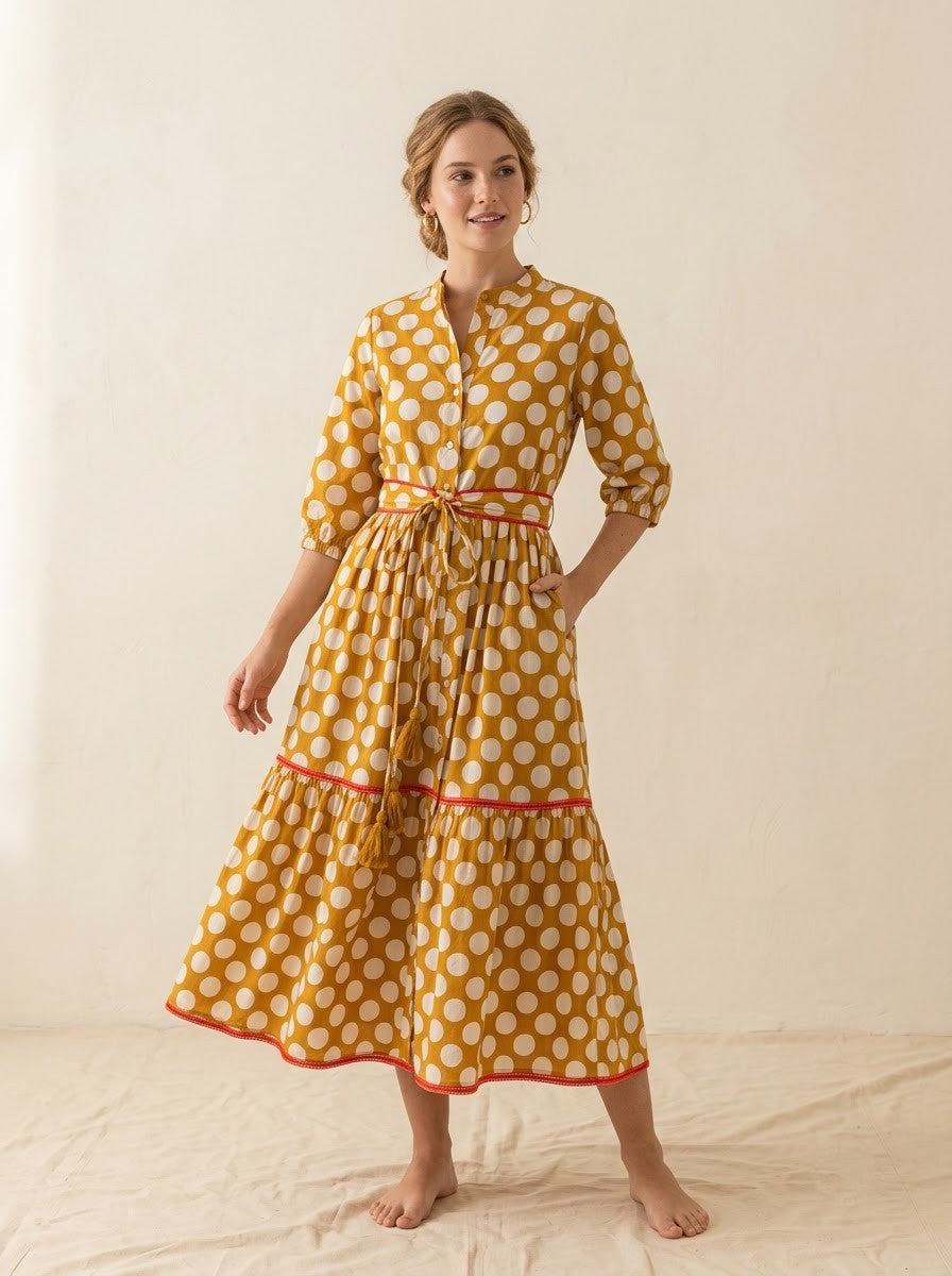 Mustard Yellow Polka Dot Tiered Maxi Dress