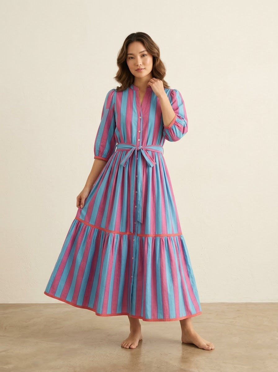 Pink & Blue Striped Tiered Maxi Dress