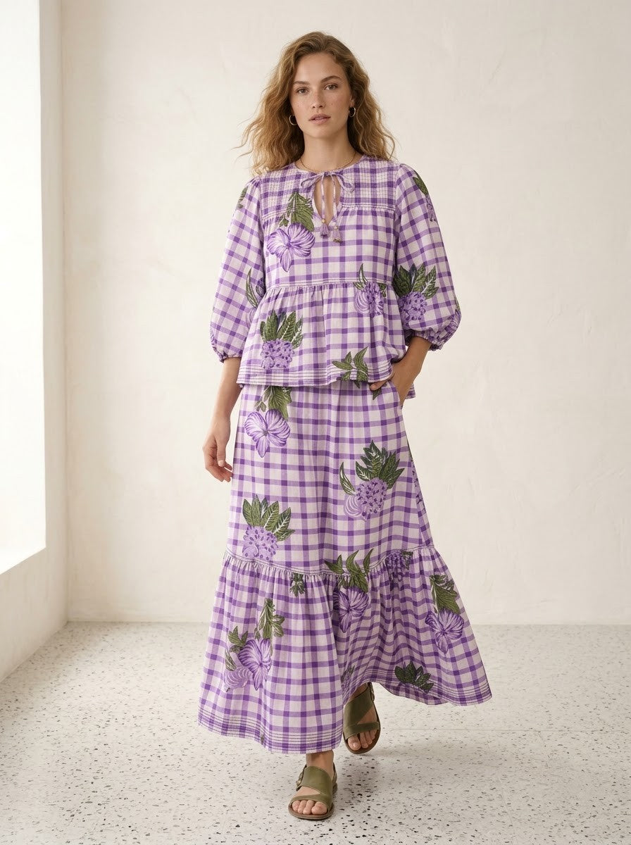 Purple Gingham Floral Printed Top & Skirt Set
