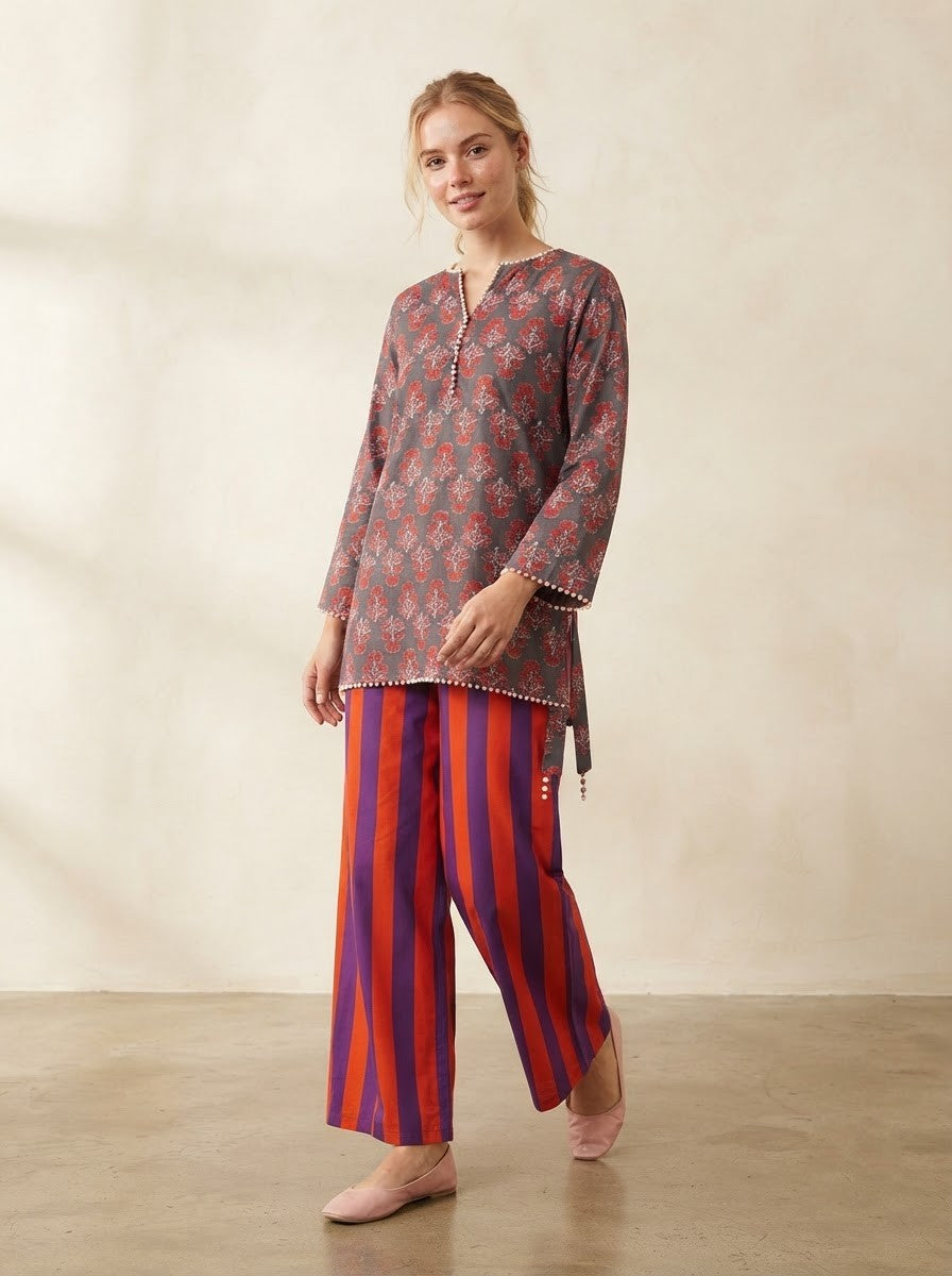 Floral Motif & Striped Premium Cotton Co-ord Set