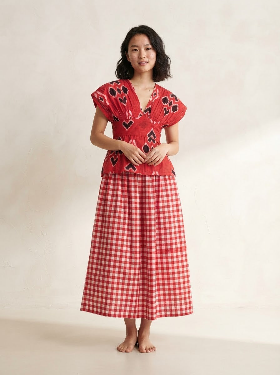 Red Geometric Peplum & Gingham Skirt Premium Cotton Co-ord Set