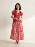Red Geometric Peplum & Gingham Skirt Premium Cotton Co-ord Set