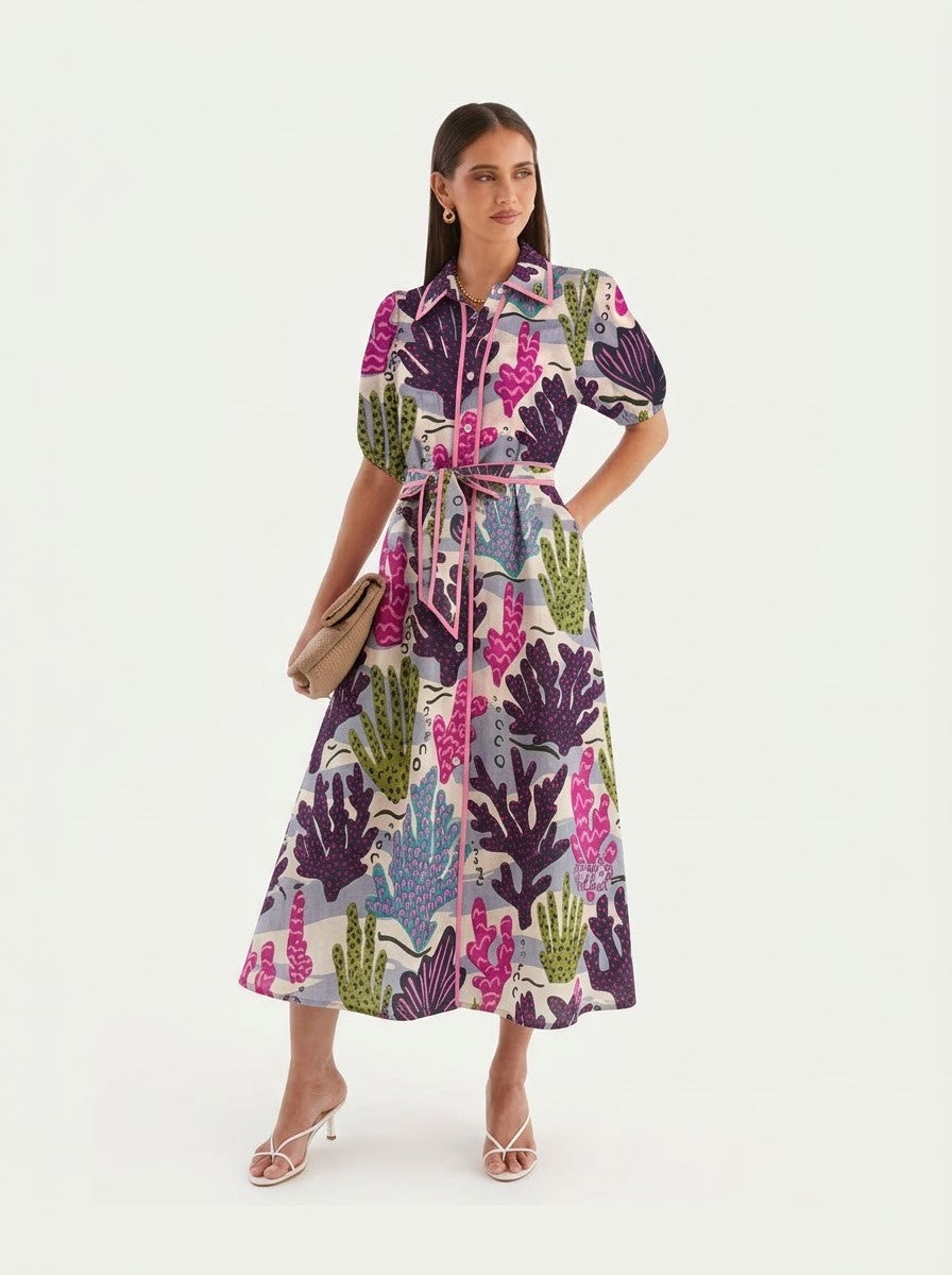 Multicolor Coral Printed Shirt Style Midi Dress