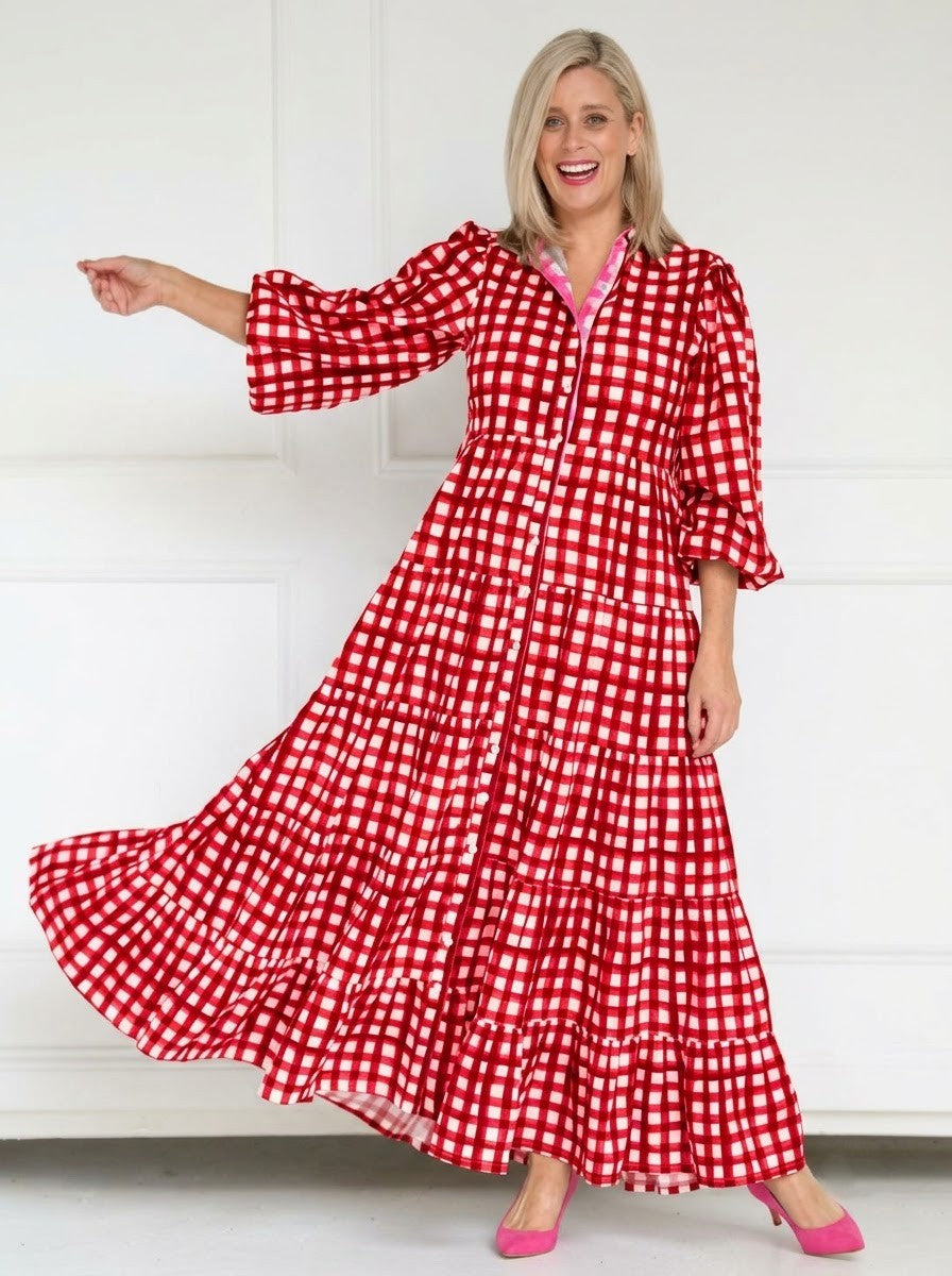 Red & White Gingham Checked Shirt Maxi Dress