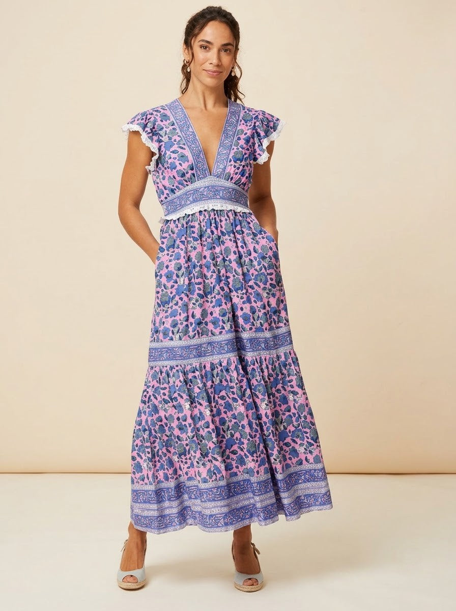 Pink & Blue Floral Printed Tiered Maxi Dress