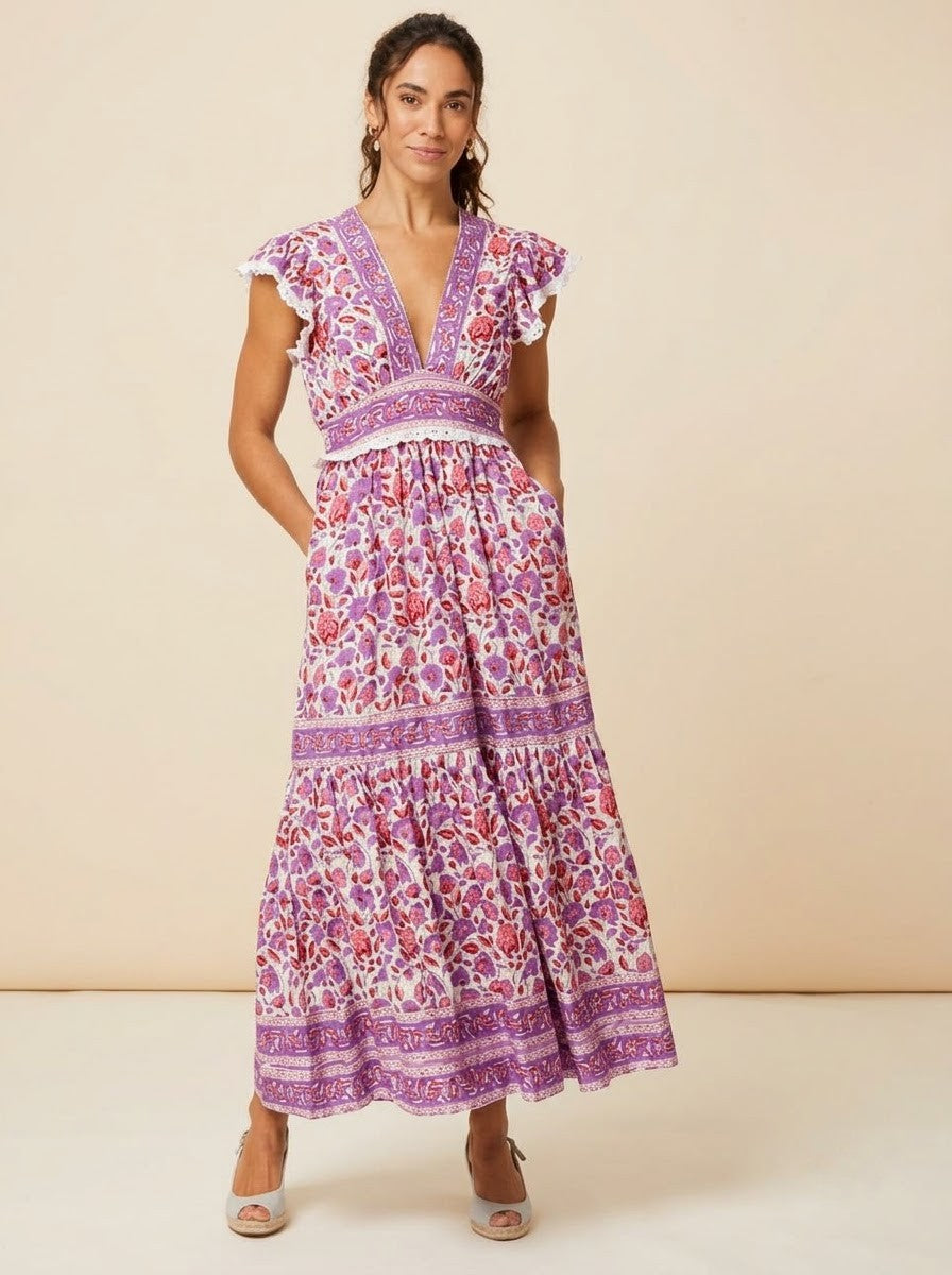 Purple & Pink Floral Printed Tiered Maxi Dress