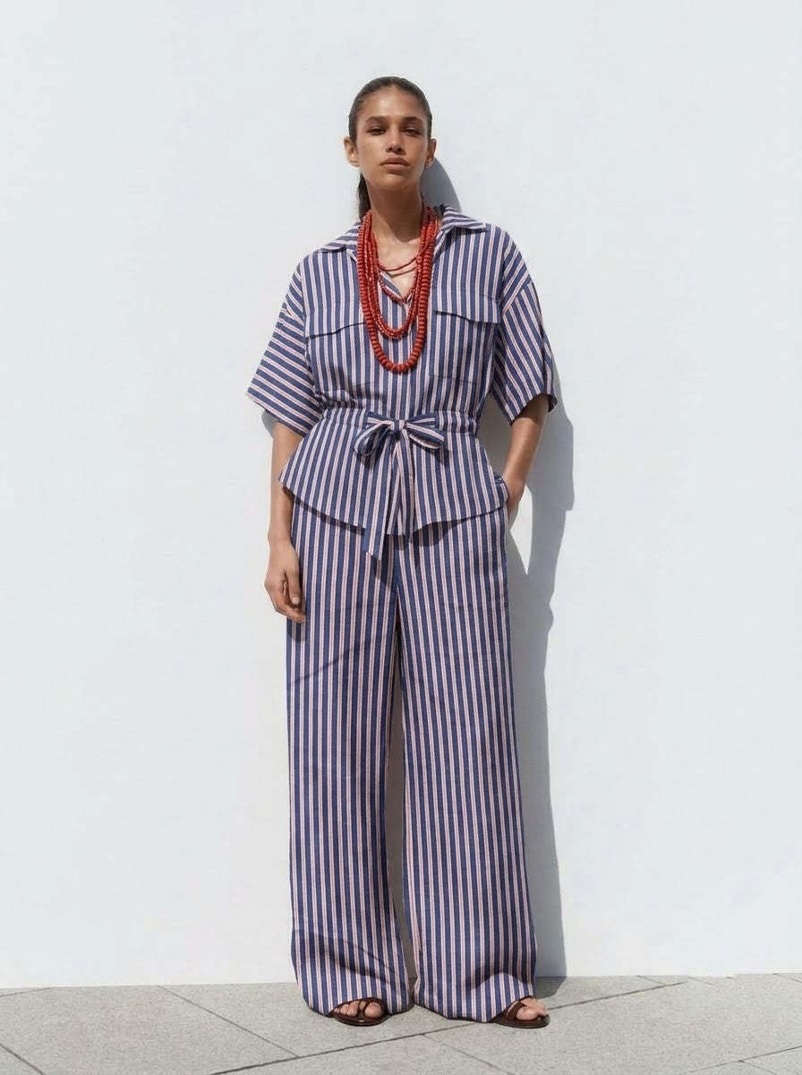 Blue & Pink Vertical Striped Belted Co-Ord Set