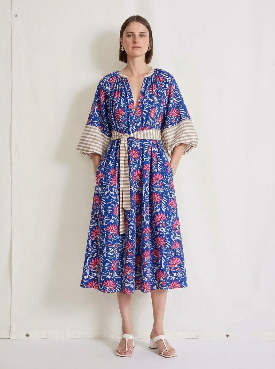 Blue & Pink Floral Printed Belted Midi Dress