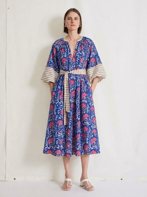 Blue & Pink Floral Printed Belted Midi Dress