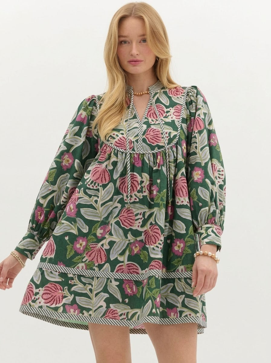 Dark Green & Pink Floral Printed Mini Dress