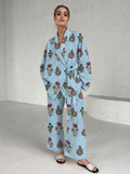 Sky Blue Striped Floral Printed Co-Ord Set