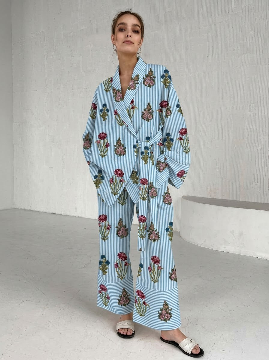 Sky Blue Striped Floral Printed Co-Ord Set