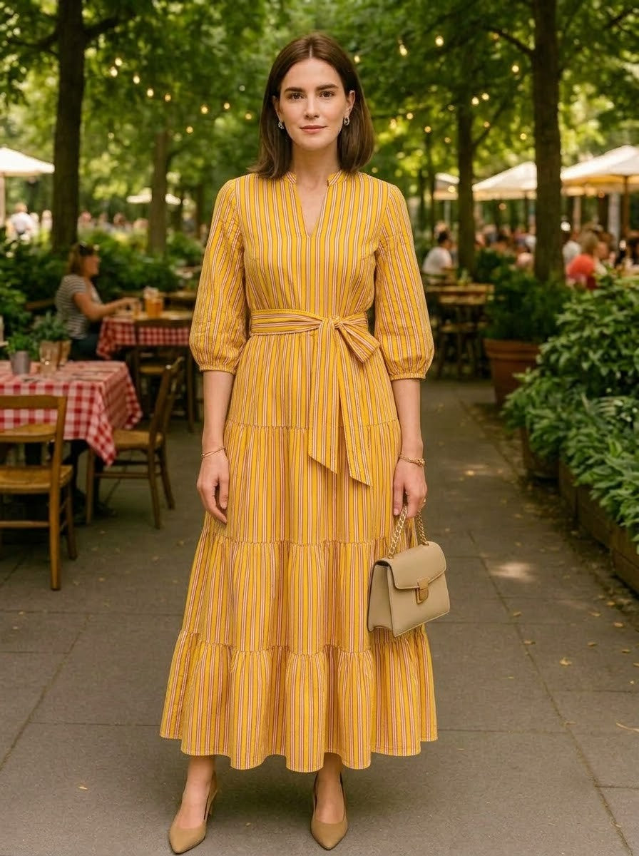 Yellow Striped Premium Cotton Tiered Dress
