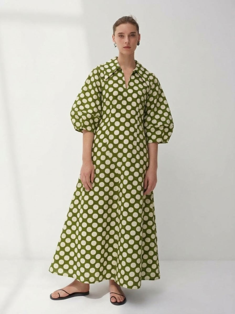 Olive Green Polka Dot Premium Cotton Maxi Dress