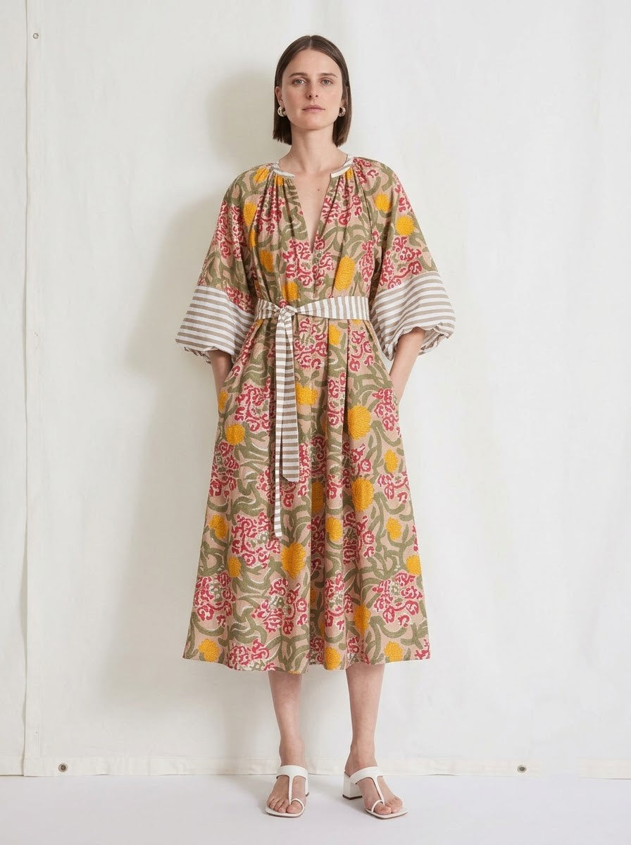 Olive & Yellow Floral Mixed-Print Premium Cotton Dress
