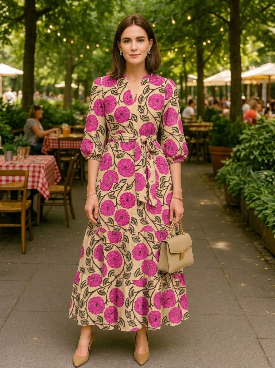 Beige & Pink Floral Premium Cotton Tiered Dress