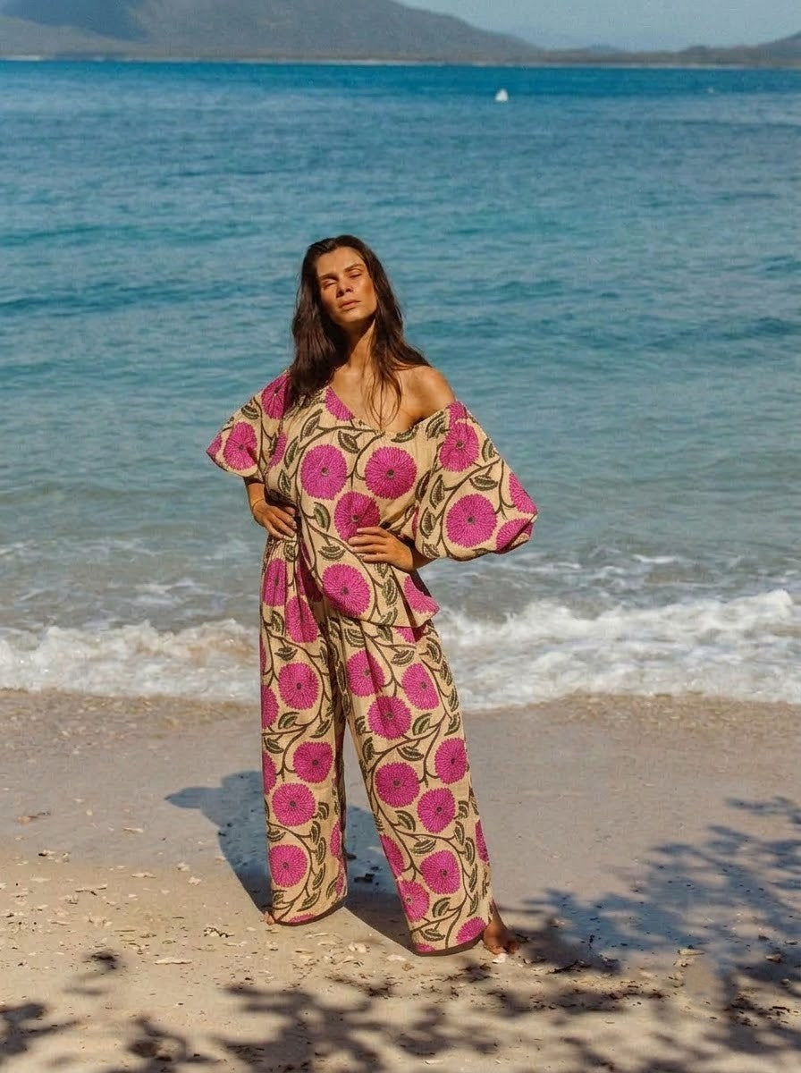 Beige & Pink Floral Premium Cotton Co-ord Set
