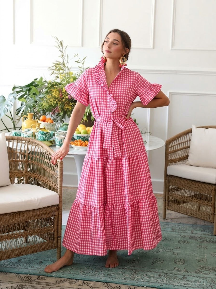 Pink & White Gingham Premium Cotton Tiered Dress