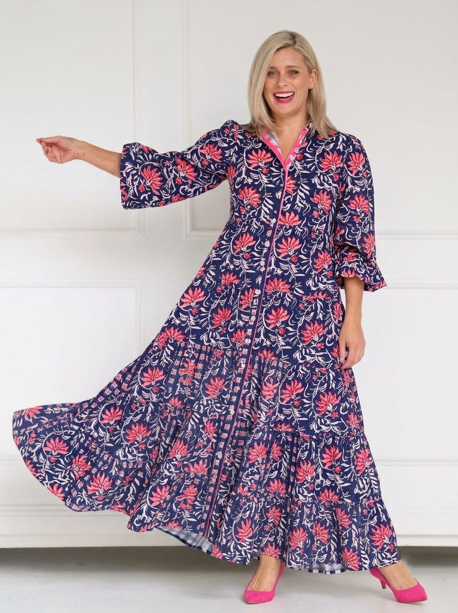 Navy Blue & Pink Floral Tiered Premium Cotton Dress