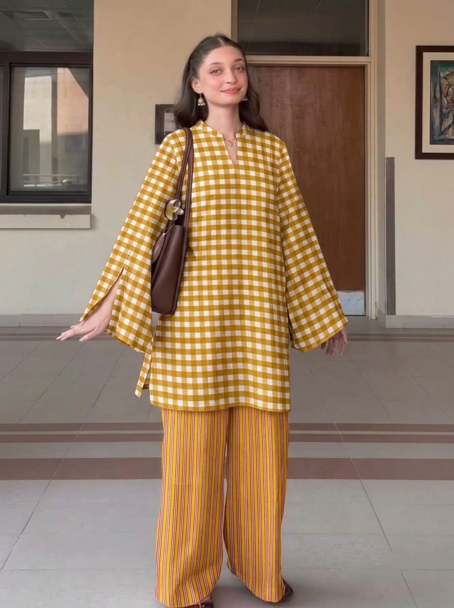 Mustard Gingham & Striped Premium Cotton Co-ord Set