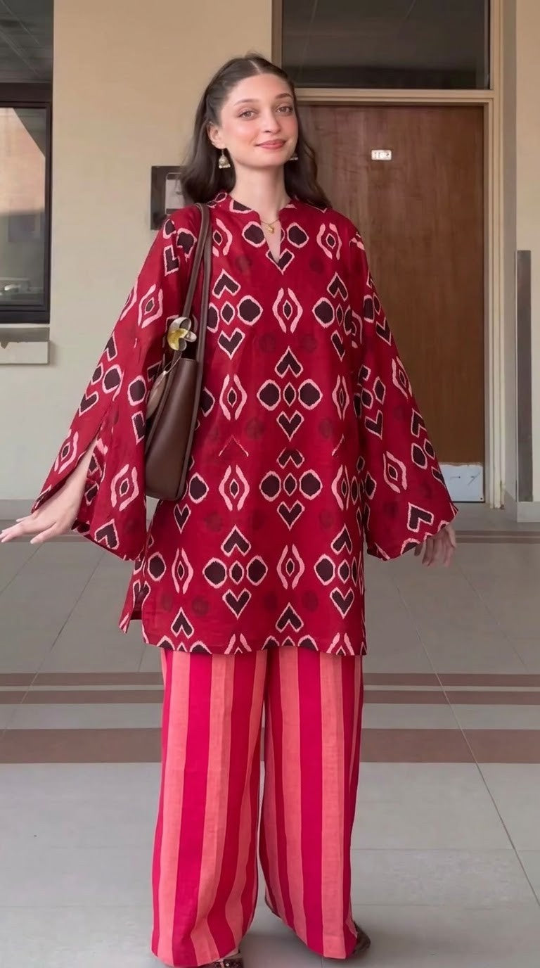 Maroon Geometric & Striped Premium Cotton Co-ord Set